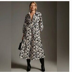 Anthropology Maeve Bettina Tiered Shirt Dress Black Cream Geo Print 100% Cotton